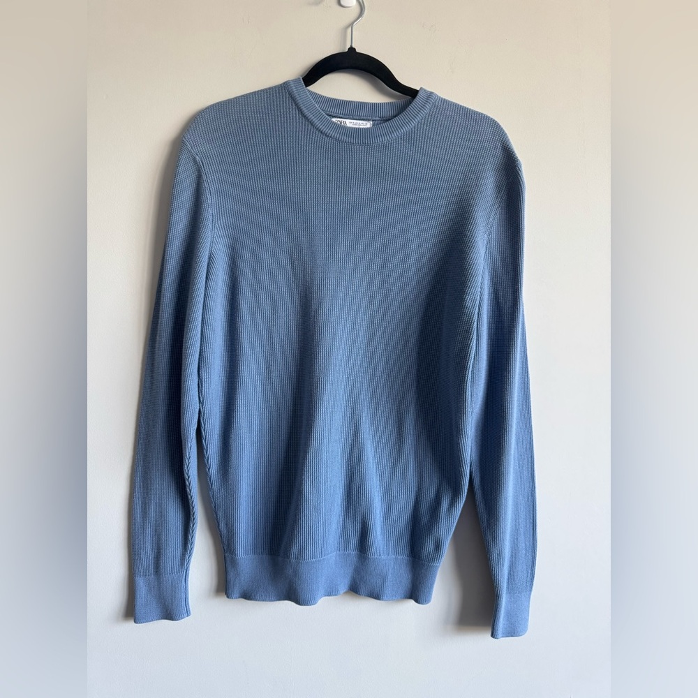 NWOT Zara Men’s Unisex Blue Waffle Knit Thermal Long Sleeve Cotton Sweater